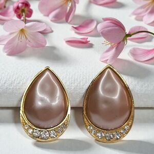 YSL Yves Saint Laurent Vintage Taupe Pearl Crystal Omega Earrings